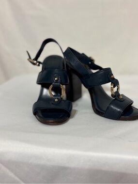 Tory Burch Navy Leather Block Heel Sandals with Gold Ring